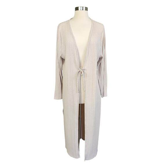 MNG Mango Womens Ribbed Long Duster Cardigan Size Large Beige Tie Front Slits - Picture 2 of 12